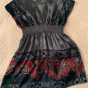 Elegant Gray and Red Paisley Dress
